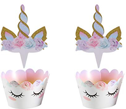 Amosfun Licorne Cake Topper et Cupcake Wrappers Set Muffin Dessert Gâteau Décorations pour Baby Shower Girls Enfants Fête d'anniversaire Décor 24pcs
