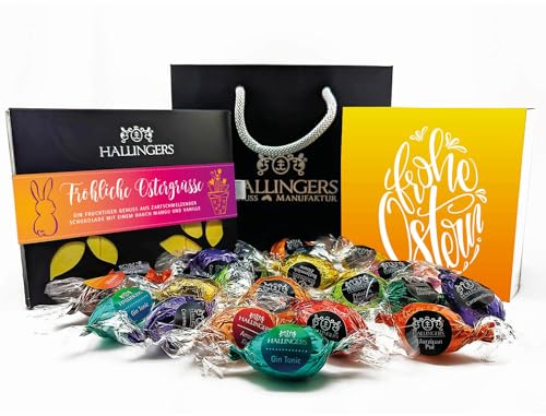 Juego de regalo de Pascua de Hallingers 1 chocolate, 9 trufas y 20 huevos de Pascua para Pascua (519 g) – Easter Bag Blue Yellow (bolsa de género) – para Pascua StayHome