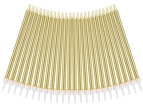 URAQT Geburtstagskerzen Kuchen, 24 Stück Lange Metallisch Geburtstagskerzen mit Haltern für Kinder & Erwachsene, Dekorative Geburtstagstorte, Hochzeitsparty, Abschlussfeier (Gold)
