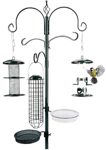 wildtier herz I Premium Futterstation 235 cm - aus pulverbeschichtetem Metall - Komplettset inkl. Futtersäulen Körner Erdnüsse, Futterteller und Meisenknödelhalter (Schwarz)
