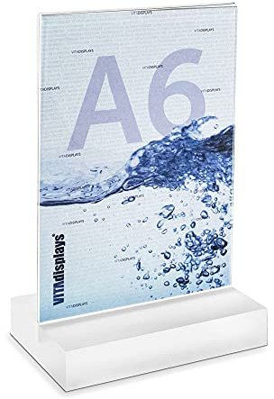 VITAdisplays DIN A6 Werbeaufsteller mit massiver, satinierter PLEXIGLAS Basis, T-Ständer, T-Aufsteller als Tischaufsteller