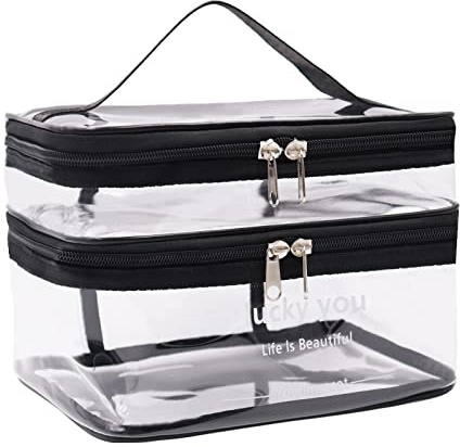 Borsa trasparente per articoli da toeletta, grande borsa cosmetica da viaggio in PVC borsa da trucco a doppio strato casi cosmetici da viaggio per donne e ragazze, Nero