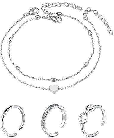 Incaton Offene Zehenringe Fußkettchen Set Fingerring Gelenkring 4 Stück Strand Fußring Schmuck Set Silber