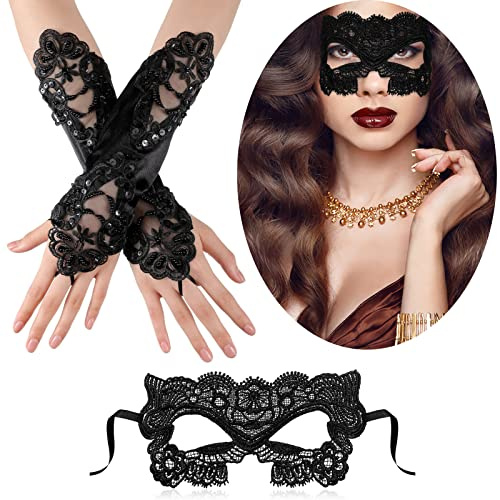 Jeere 2 Sets Masque de Mascarade et Gants sans Doigts en Dentelle Noirs Longs Set de Masque en Dentelle Vénitien d’Halloween Gants Gothiques Masque en Dentelle Noire Accessoires de Robe de Carnaval