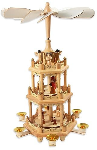 Piramide natalizia in legno con portacandele, decorazione natalizia da 45,7 cm, 3 ripiani, statuette dipinte a mano (colore naturale in legno)