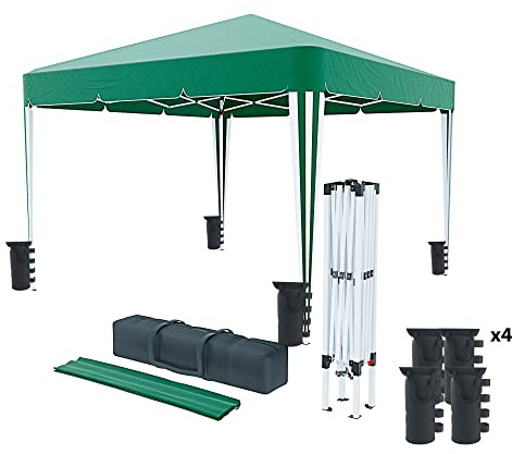 Gazebo Pieghevole Impermeabile 3 x 3 M Da Giardino Con 4 Sacche Per Pesi E Sacca Di Trasporto Chiusura A Fisarmonica Per Fiere Campeggio Esterno Piscina Struttura Acciaio Copertura 160 gr/m² (Verde)