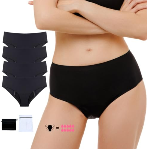 IINTI-MACY 4 Culottes menstruelle sans Couture |Ultra absorbantes|Équivalent à 10 tampons|Tous Types de Flux|Zéro Fuite|Flux abondant|Sexy|Coton|Post-Partum|Pochette et Sac de Lavage Inclus|Noir|S