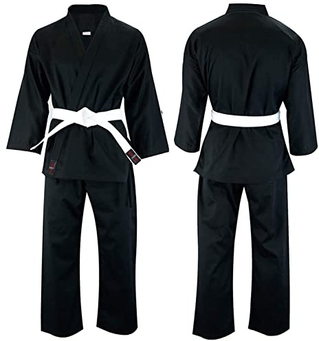 VADER Student svart karatedräkt barn/vuxen karate Gi, Pollycotton lättvikt karate uniform klubb träningstävling Kamino karategi med gratis vitt bälte, Svart, 1/ 140