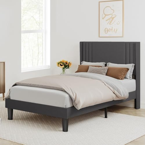 Bealife Polsterbett 120x200 cm, Doppelbett mit gepolstertem Kopfteil, stabilem Holzlattenrost und Metallrahmen, für das Schlafzimmer (Dunkelgrau, 120 x 200 cm)