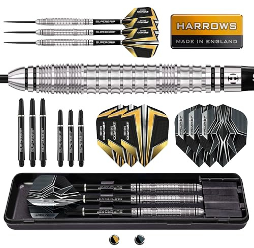 Harrows Combat 90% Tungsten Steel Tip Darts Set I 21g to 30g All Weights Available I Huge 17pcs Bundle with Spare Shafts, Prime Flights & Travel Case (30g)