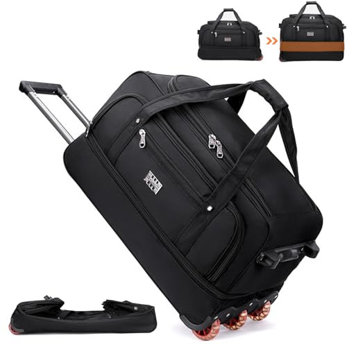 Caossuixin 3-in-1 Reisetasche mit Rollen Groß(Handtaschen+Rucksäcke+Trolley, 3-Rad), 80L Sporttasche mit Rollen, Reisetrolley mit Rollen Dehnfalte Erweiterbar, Damen und Herren Schwarz 3kg