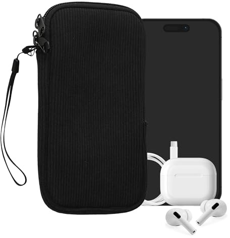 kwmobile Universal Smartphone Sleeve - Corduroy with Hand Strap and Zipper Closure - Internal Mesh Pocket - Mobile Phone Sleeve Pouch - Neoprene Phone Sock - Black