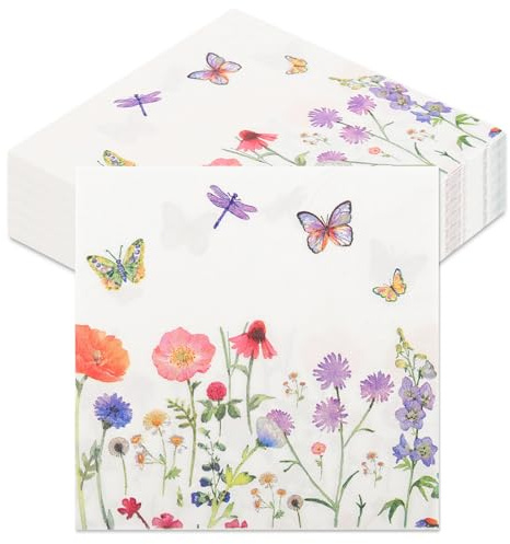 Tovaglioli floreali, 100 pezzi, tovaglioli di carta con fiori, prato floreale, tovaglioli, farfalle, tovaglioli, motivo floreale, decorazione da tavolo, per primavera, giardino, matrimonio, festa