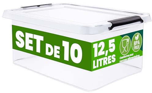 Deuba® 10x Aufbewahrungsbox mit Deckel 12,5L Box Kunststoff Kisten lebensmittelecht BPA frei Klickverschluss transparent stapelbar Küche Schlafzimmer