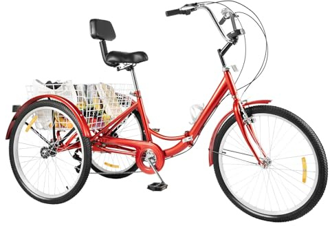 Dokiiovo Trehjuling för vuxna, 24 tums cykel med korg, trehjuling med LED-ljus, 3 hjul, 7-växlad växellåda, 120 kg lastkapacitet (röd)