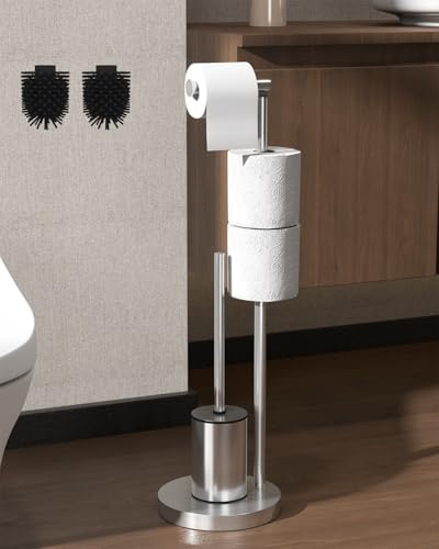 Howdah Porte-papier toilette debout avec brosse WC - Porte-papier toilette debout avec brosse - Porte-papier toilette en acier inoxydable - Une tête de brosse de rechange - Dimensions : 72 x 21 x 21