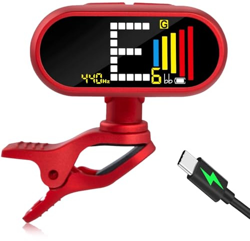EX Professional Rechargeable Chromatic Clip-On Guitar Tuner — Fast, Ultra-Accurate Clip-On Tuner with Color LCD for Acoustic Guitar, Bass Guitar, Ukulele & Violin, Red