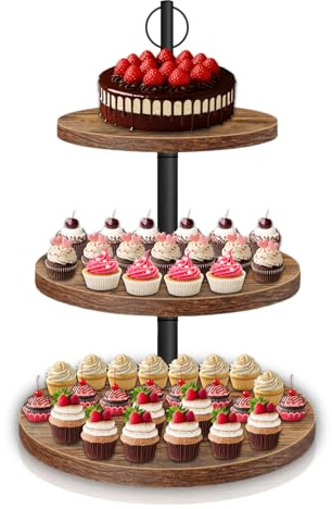 3-stöckiger Kuchenständer, Großer Cupcake Ständer Ø 20.06cm Ø24.89cm Ø29.97cm, Etagere 3 Etagen aus Holz, Muffins, Kuchen Obst Kekse Süßigkeiten Servierplatte, für Party Geburtstagsparty Baby Duschen