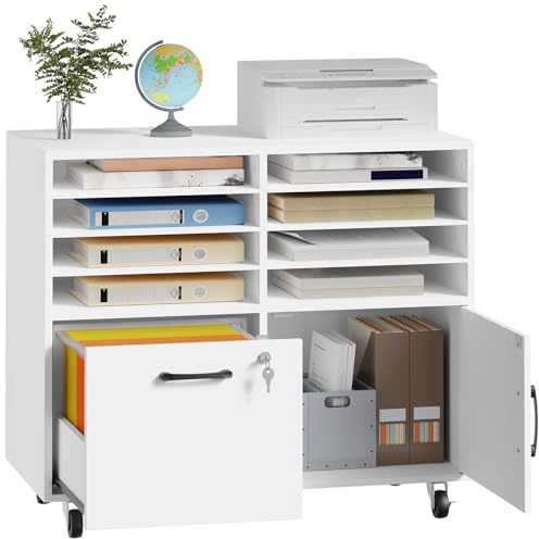HOOBRO Caisson de Bureau avec Roulettes, Meuble de Bureau, Tiroir Verrouillable et Placard de Rangement, Armoire à Dossiers, 8 Compartiments (6 Étagères Réglables), pour Salon, Blanc EWB55WJ01