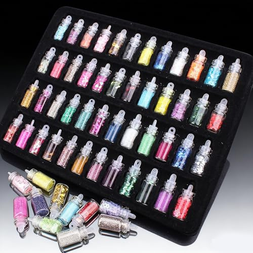 ZIOYANE Set di mini glitter in polvere di 48 colori, ecologici, esagonali a forma di caviale, in bottiglie di vetro, per nail art, fai da te e bomboniere nuziali