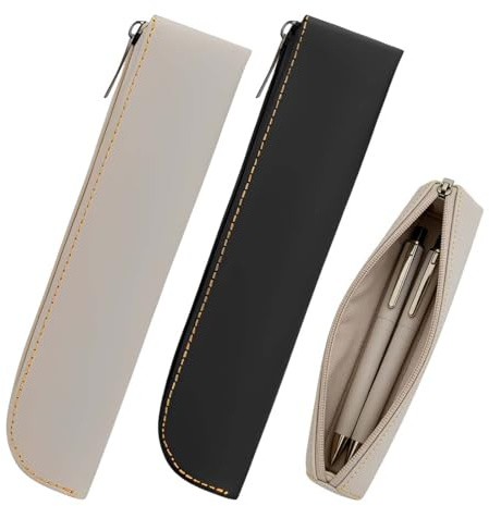 JRYXDS Astuccio Sottile In Pelle 2 Pezzi - Portapenne In Vera Pelle Per 4-6 Penne, Piccolo E Portatile Per Cancelleria E Cosmetici, Organizer Per Trucchi Minimo Con Cerniera (Nero, Bianco)