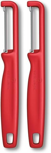 Victorinox Pelador Iota, pelador para verduras, frutas, filo serrado, doble filo, extra afilado, Swiss Made, rojo (Paquete de 2)