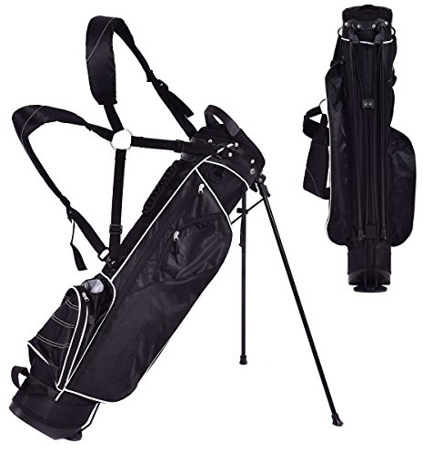 COSTWAY Sacca da Golf con Supporto, Borsa da Golf a 4 Scomparti con 4 Tasche con Cerniera, Borsa Frigo, Tracolla Doppia, Cappuccio Antipioggia, Supporto per Ombrellone (Nero)