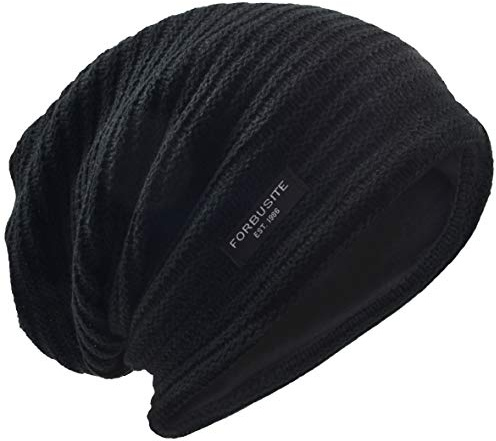 VECRY Hommes Slouchy Bonnet Tricoté Calotte Long Bouffant Doublé Hiver Été Chapeaux (Solide Noir, Taille M)
