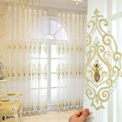 MYRU 1 Pair European Style Living Room Sheer Curtains Luxury Tulle Curtains for Bedroom (Sheer Curtains, 2x W66xL84 Inch)