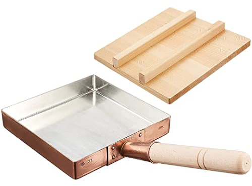 TTIKUSAN Japanese Tamagoyaki Pan Omelets Copper Pan with Wooden Lid Made in Japan Square Frying Pan for Eggs 8.3 inch (21×21 cm)