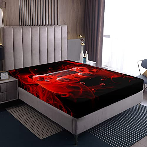 Loussiesd Kinder Gamepad Spannbetttuch Rot Schwarz Moderner Spieler Spannbettlaken 140x200cm für Jungen Mädchen Teenager Spiel Controller Jugendspielkonsole Geometrie Boxspringbett Bettlaken