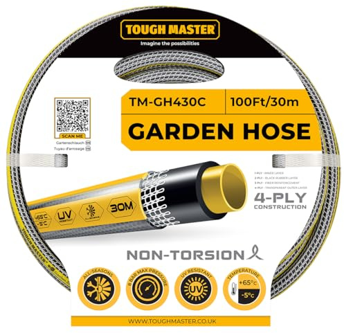 TOUGH MASTER 30M Portable Garden Hosepipe ½” 4 Layer Heavy Duty Large Outdoor Watering Hose, UV & Algae Resistant, Anti Kink Reinforced Strong Material
