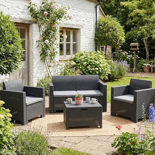 Dmora - Loungeset für draußen Venere, Outdoor-Lounge mit Couchtisch, Terrassenset mit Kissen, Gartenkomposition mit Sofa und Sesseln, Made in Italy, Anthrazit