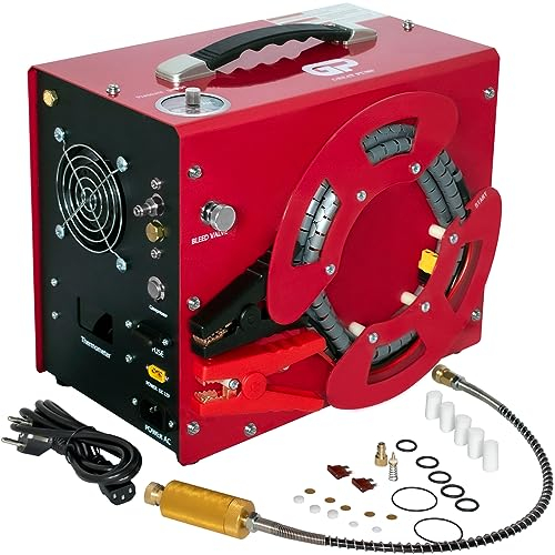 TUXING PCP Compresor de Aire, 4500Psi/30Mpa, Auto-Stop, Libre de Aceite/Agua, 220V AC o 12V Batería de Coche, Diseño Único Portátil Vertical+Wire Spool, Conector Rápido 8MM para Paintball
