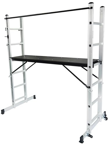 Aluminium Scaffolding Ladder, Stable, Multifunctional, with Work Platform: Mobile Scaffolding Platform Ladder Combination Scaffold Multi Purpose Aluminium Work 3 in 1 with Two Wheels