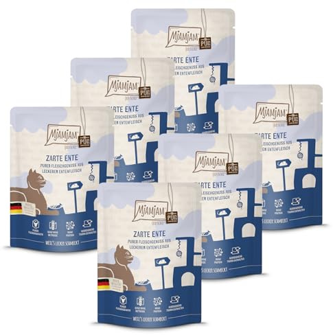 MjAMjAM - Comida húmeda Premium para Gatos - Quetschie - Puro Placer cárnico - Pato tierno Puro, sin Cereales con Extra de Carne, Pack de 6 (6 x 300 g)