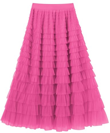 IMEKIS Women A Line High Waist Tiered Tulle Maxi Skirt Layered Mesh Skirt Casual Long Boho Summer Beach Skirts Elegant Wedding Holiday Party Skirt Hot Pink XL