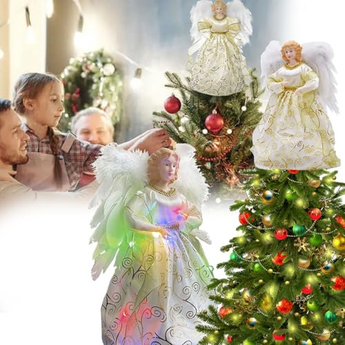 Cimier De Sapin De Noël, 32cm Ange en Dentelle pour Sapin De Noël Ange De Noël pour Sapin De Noël Décoration De Sapin De Noël LED Ange Lumineux Cimier De Sapin De Noël avec Lumière (B)
