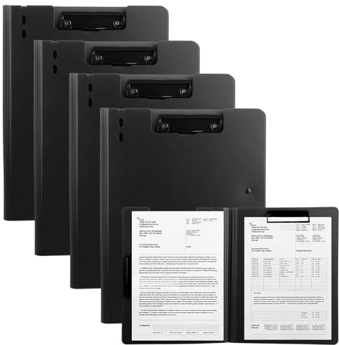 ASelected Clip Boards A4 with Cover Pack of 4,Black Folding Clipboard A4 Foldover ClipBoard Folder with Cover, File Document Organiser for Nurses School Office Business Supply