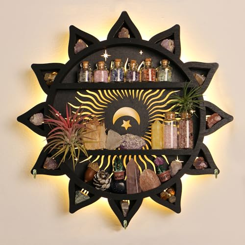 FNYDOX Chakra Lotus Flower Crystal Display Shelf with LED Light, Witchy Home Decor Boho Decorative Wall Mounted Trinket Shelf Wooden Sun Moon Shelf Rock Case Stone Storage Floating Hanging Holder