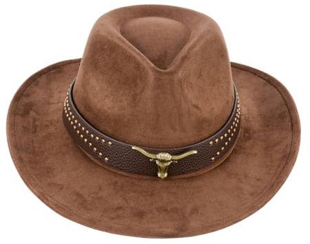 TOLASTO Westernhut für Damen und Herren, Männer Western Cowboyhute mit Stierkopf-Dekor, Damen Retro Vintage Jazzhut, Einfarbige Cowgirlhüte für Erwachsene, Klassischer Western-Stil in Kaffee