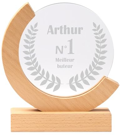 KDO MAGIC - Trophée Personnalisable - Coffret Cadeau Inclus - Trophée Verre personnalisé - Texte, prénom ou Date gravé - Rond Bois - Anniversaire, récompense, Thème Top 1