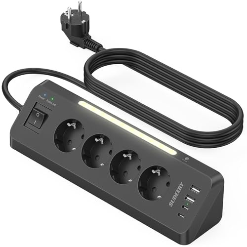 SUDEERY Vinkelgrenuttag med USB (2 typ C), 4 uttag, för skrivbord, infällt, med strömbrytare, hörnuttag med LED, för kök, svart