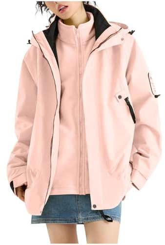 BFSWL Veste d'hiver 3 en 1 pour femme - Veste de pluie thermique imperméable avec capuche - Veste de randonnée d'extérieur avec doublure chaude, Rose, M