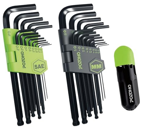 Pozoho 27-Piece Allen Wrench Set, Ball End Hex Key Set with Torque Handle, Metric and Standard Sizes, Long Arm, Chrome Vanadium Steel, Anti-Rust for Motorcycle, Bike, Car & DIY, PTM01027