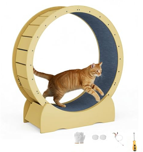 42 Cat Wheel，Cat Exercise Wheel for Indoor Cats with Detachable Carpeted Runway, Natural Solid Wood Sturdy Running Wheel for Running/Training/Walking