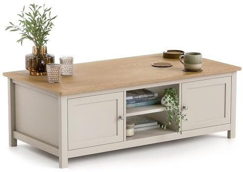 CHRISTOW Coffee Table with Storage & Oak-Effect Top, 2 Open Shelves & 2 Cupboards, Modern 3 Tier Living Room or Bedroom Table, Sturdy MDF Frame, Matte Painted Pebble Finish, H40cm x W115cm x D60cm