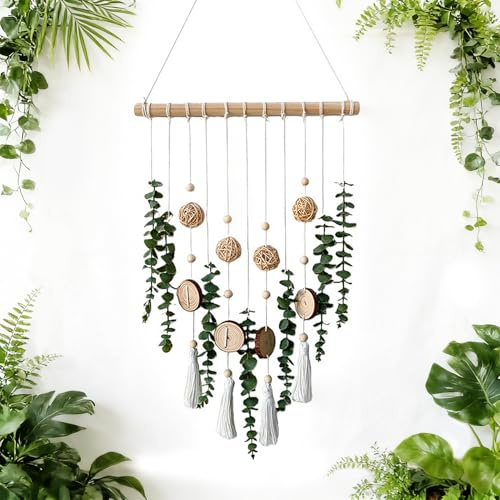 Esoes grön bomulls-väggdekoration handgjord växthållare med trästång för vardagsrum sovrum och café naturlig väggbonad i boho-stil