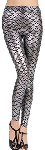 janisramone Womens Ladies New Holographic Mermaid Fish Scale Print Skinny Disco Metallic Leggings Pants Silver Grey