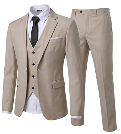 YND Men's Slim Fit 3 Piece Suit Set with Stretch Fabric, One Button Blazer Vest Pants, Solid Party Wedding Dress, Jacket Waistcoat and Trousers with Tie Beige